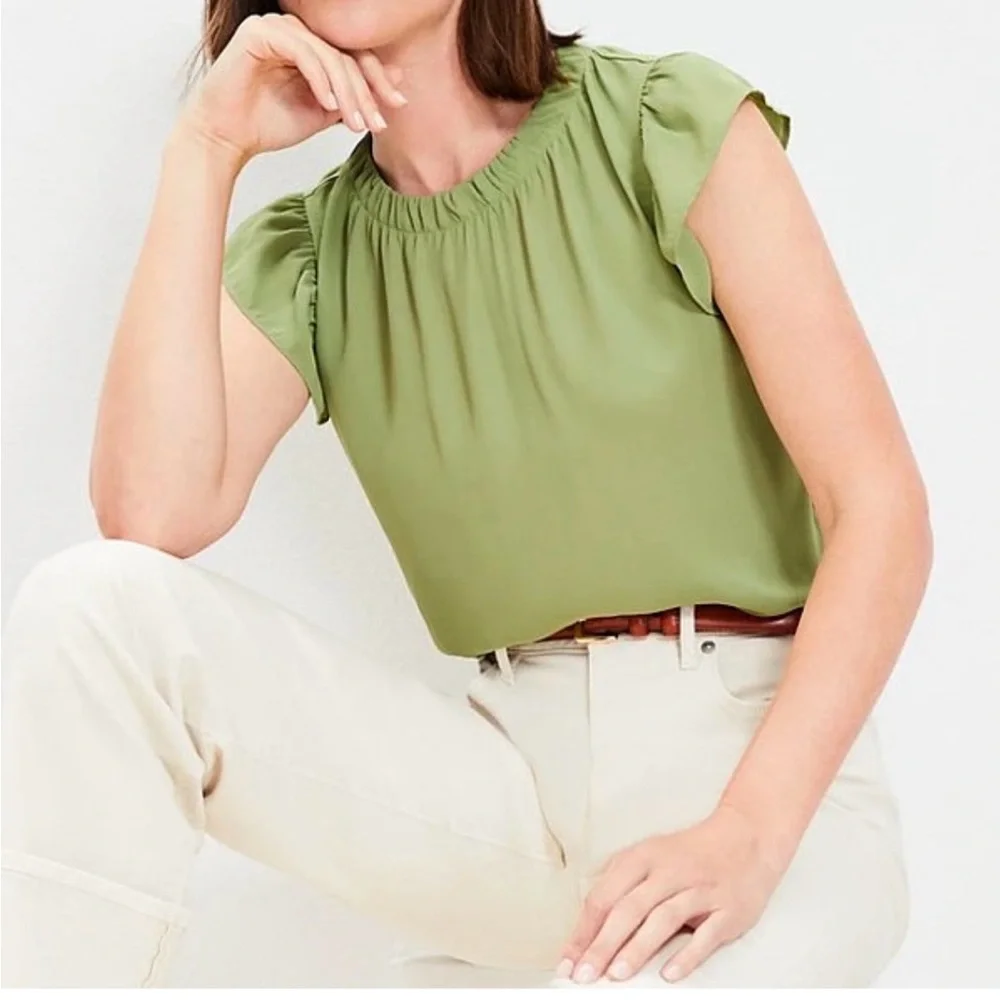 LOFT Green Ruffle Sleeve Top- XL - Picture 1 of 6